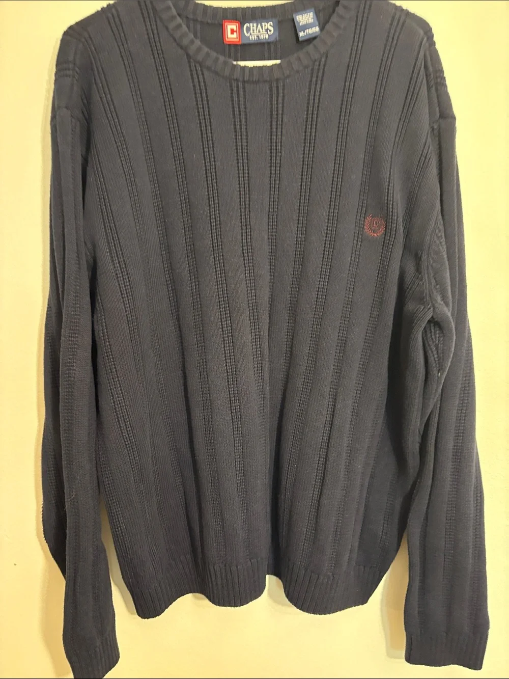 Chaps Men’s Navy Ribbed Crewneck Sweater with Embroidered Crest